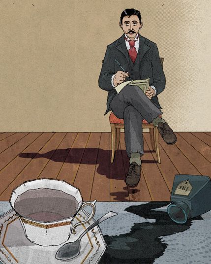 a drawing of a man sitting in a chair with a cup of coffee next to him