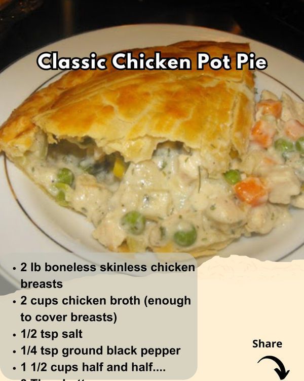 a chicken pot pie on a plate with instructions for how to make it in the oven