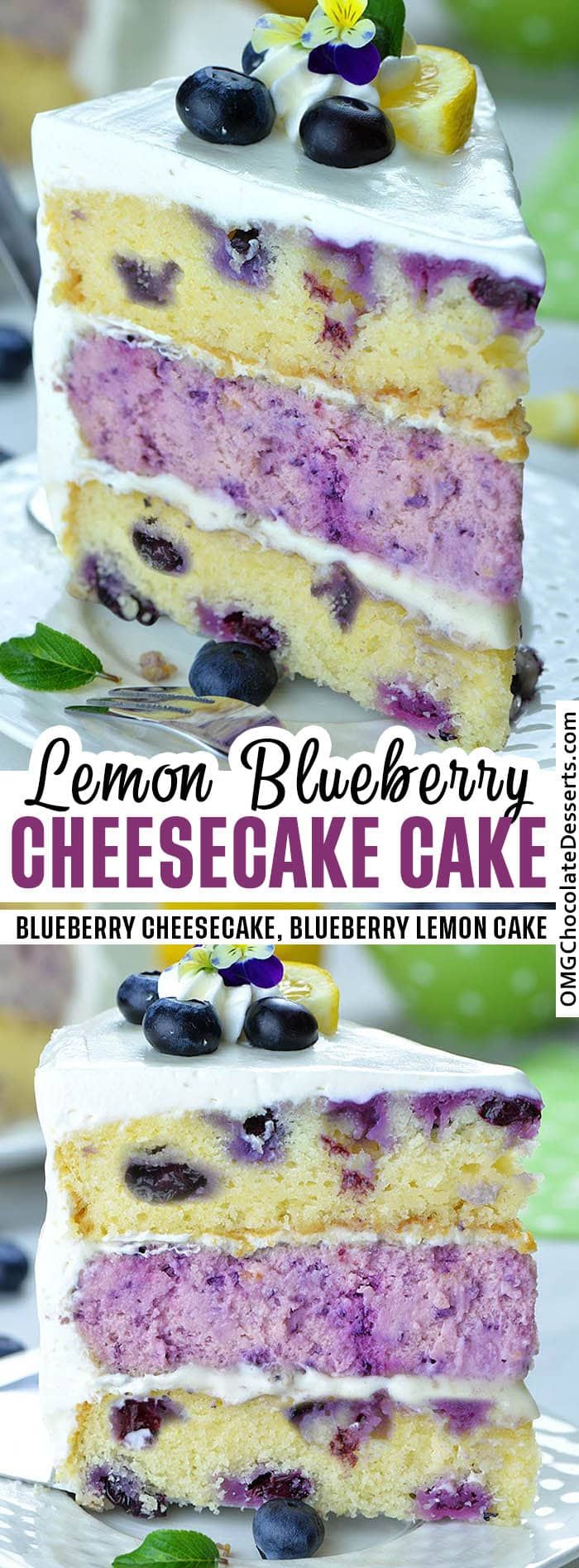 lemon blueberry cheesecake cake on a plate