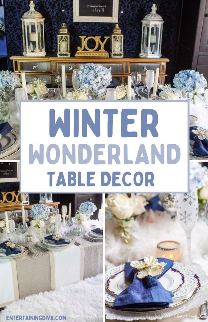 winter wonderland table decor with blue and white flowers, candles, and other items on display