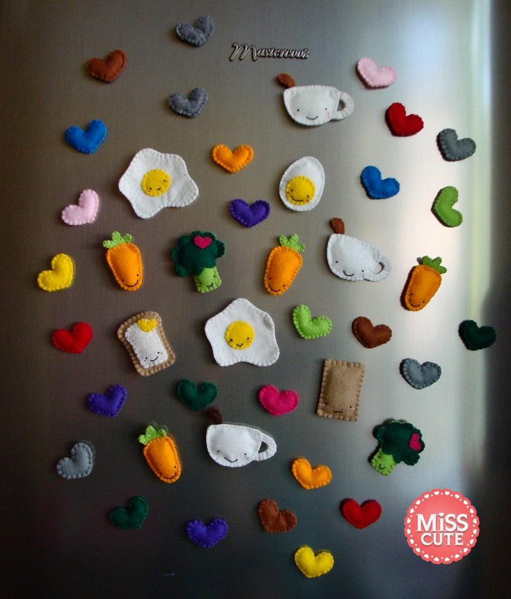 the magnets are made to look like eggs, carrots, and other things