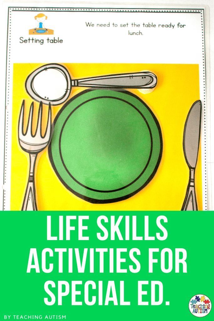 a green plate with silverware on it and the words life skills activities for special ed