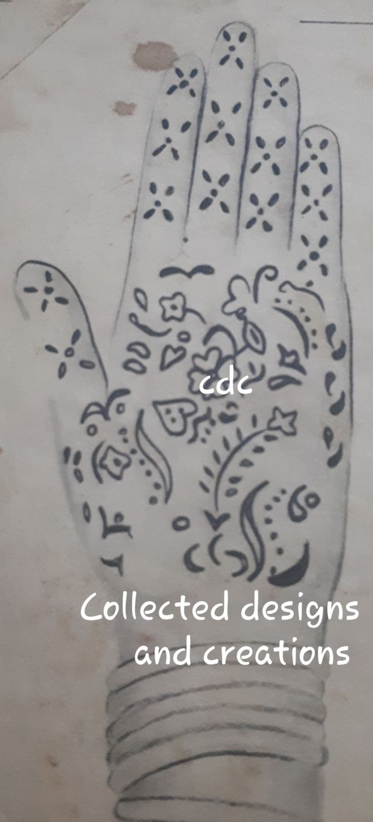 a drawing of a hand with the words collected designs and creations written on it's palm