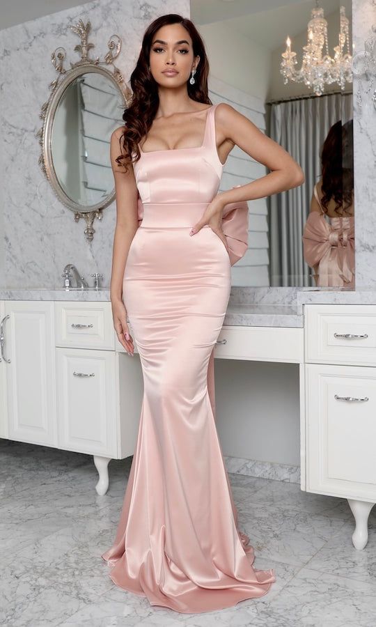 Angelina Oversized Bow Gown- Petal Pink ��– Moda Glam Boutique Satin Dress With Bow And Fitted Bodice, Satin Evening Dress With Square Neck, Fitted Evening Dress With Bow For Prom, Evening Dresses With Bow And Square Neck, Fitted Satin Evening Dress With Square Neck, Fitted Prom Evening Dress With Bow, Square Neck Evening Dress With Bow, Square Neck Evening Dress For Banquet And Prom Season, Square Neck Evening Dress For Prom Banquet