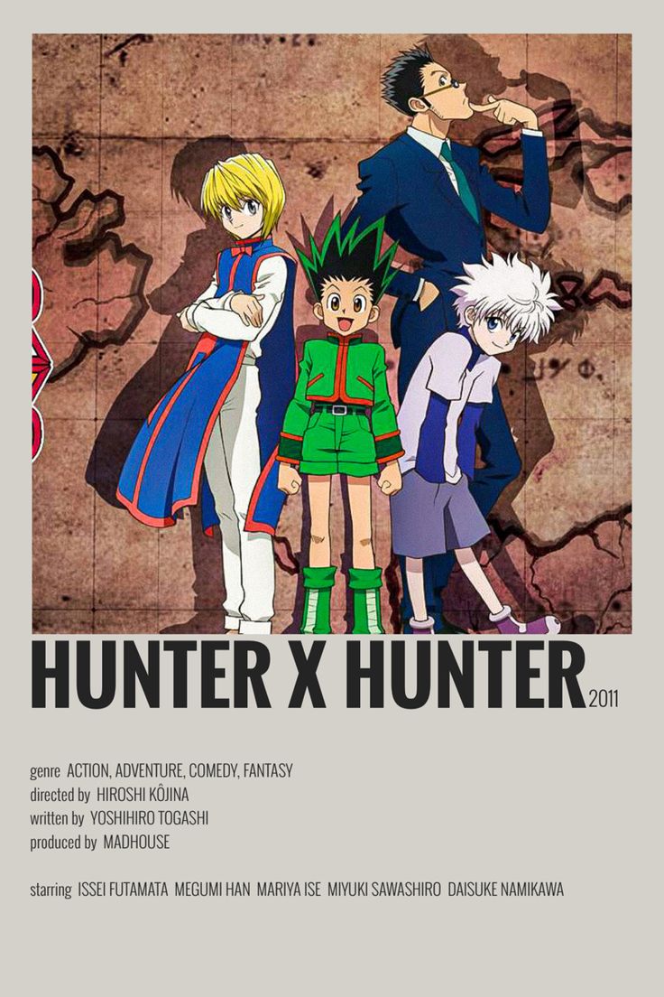 an anime poster with three people standing next to each other and the words hunter & hunter written on it