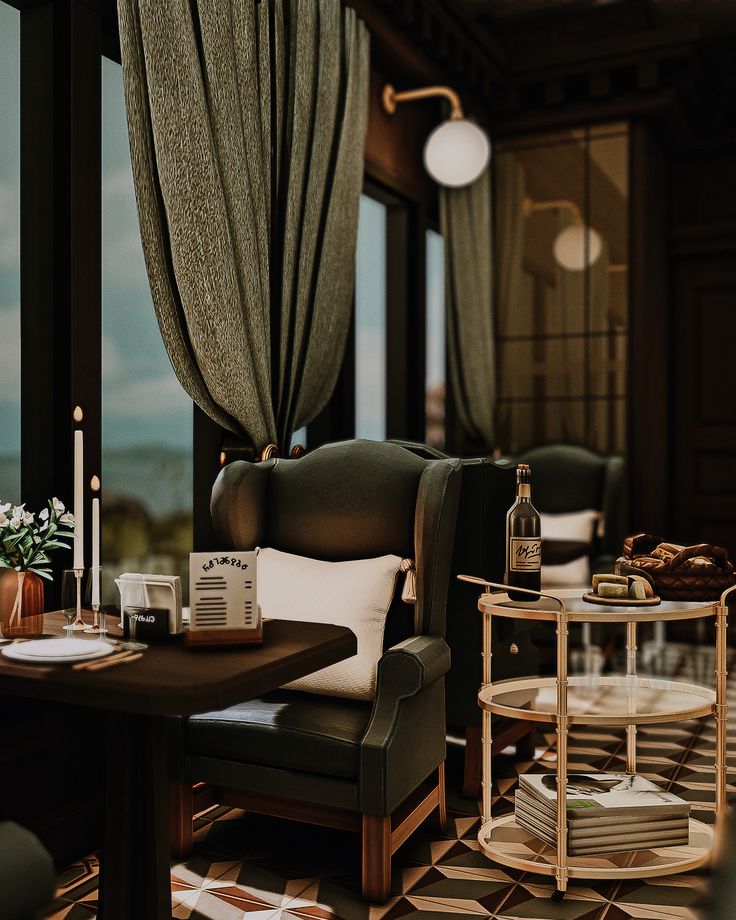 a living room filled with furniture next to a window covered in drapes and curtains