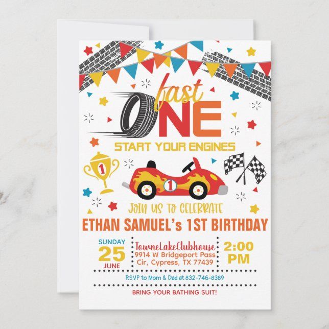 a race car birthday party card with the words, first one start your engines on it