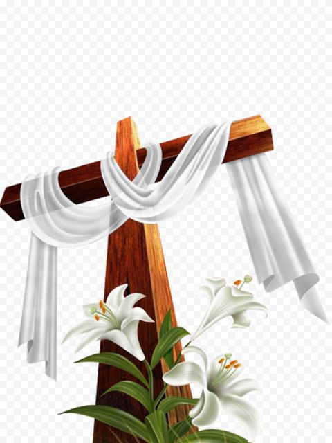 a cross with flowers on it and white curtains hanging from the side, transparent background