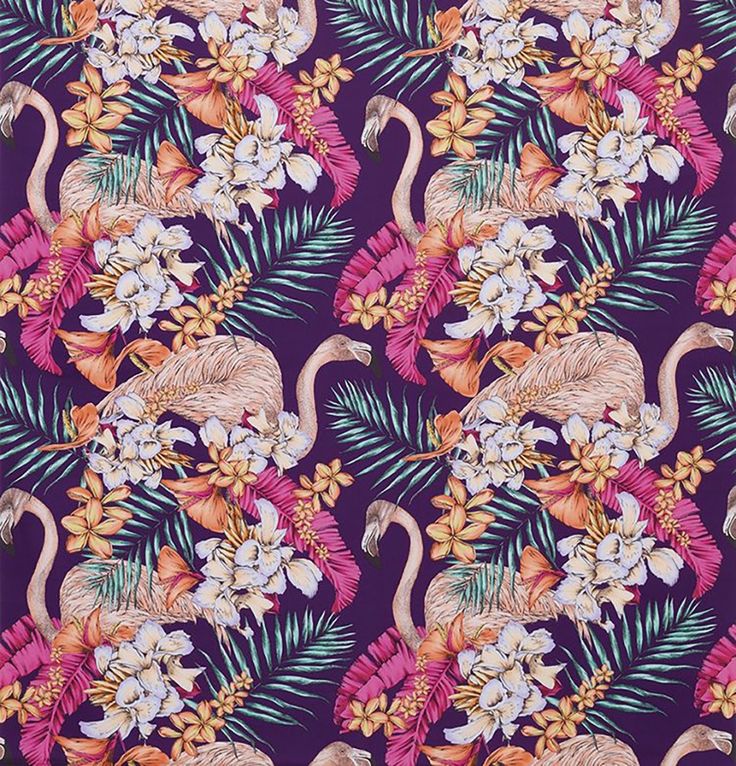 a purple background with flamingos and tropical flowers