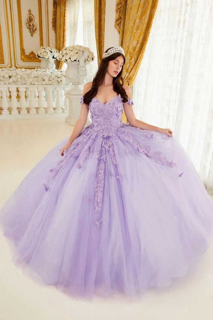 Quinceanera Gowns | Flora's Bridal Butterfly Ball Gown, Long Ball Dresses, Lavender Quinceanera, Corset Ball Gowns, Off Shoulder Ball Gown, Tulle Balls, Cinderella Divine, Ball Gowns Princess, Quinceanera Ideas