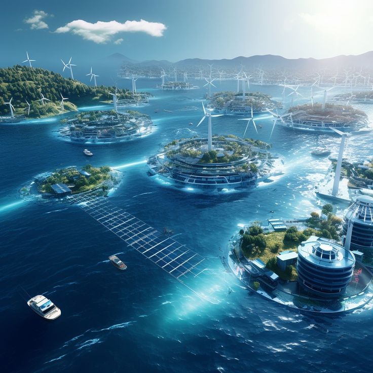 an artist's rendering of several floating islands in the ocean with wind turbines behind them