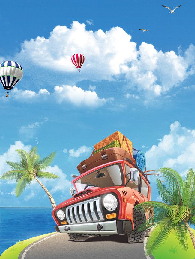 a red jeep driving down a road next to palm trees and hot air balloons in the sky