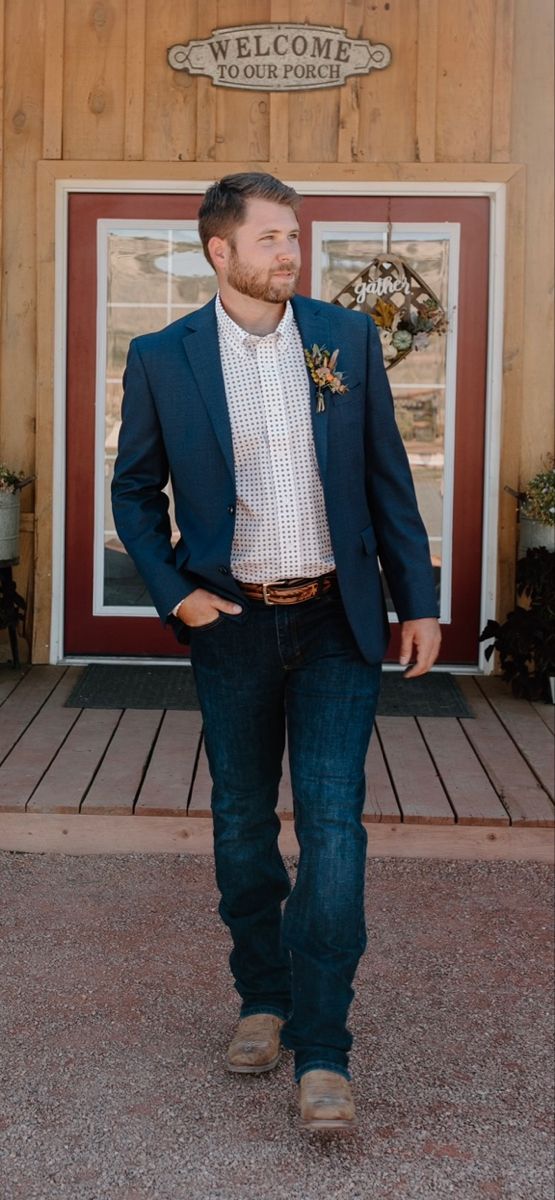 Groom Attire Vest And Jeans, Navy Sports Coat Outfit Men Wedding, Blue Suit With Jeans Men, Jeans And Sports Coat Mens, Mens Casual Wedding Attire Guest Jeans, Men Jean Wedding Attire, Navy Blue Mens Wedding Attire Casual, Mens Semi Casual Wedding Attire, Casual Groom Attire Navy