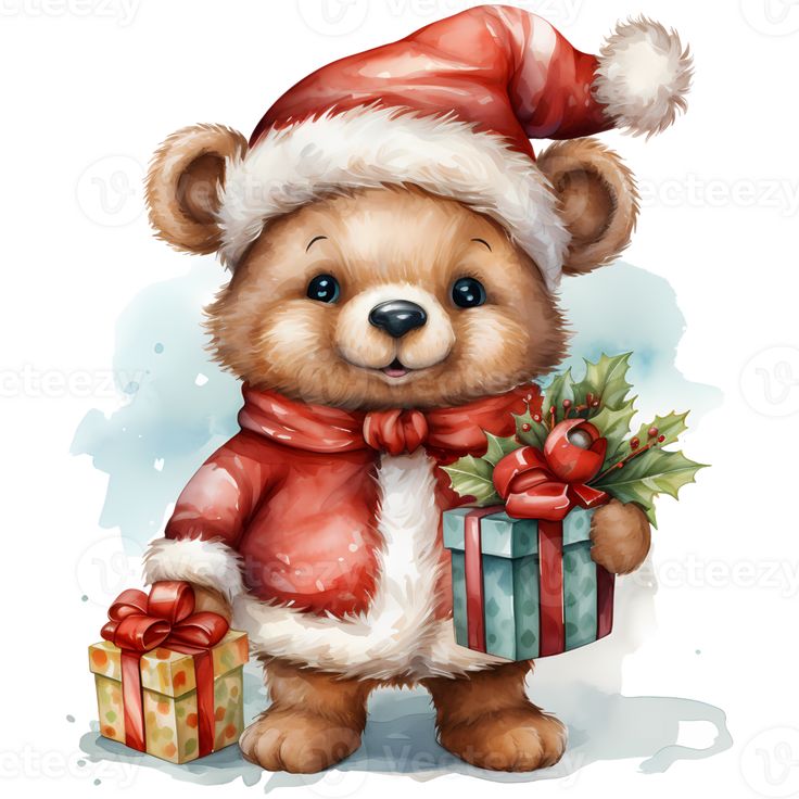 a brown teddy bear wearing a santa hat and holding a christmas present