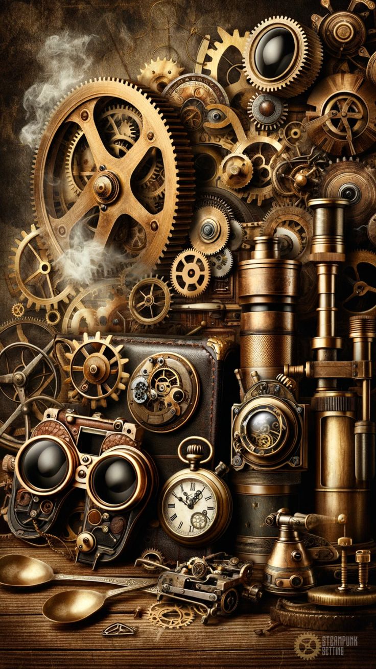 steampunked clocks and other mechanical objects are arranged on a wooden surface with steam rising from them