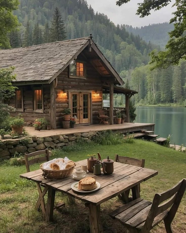 a picnic table with food on it in front of a log cabin by the water