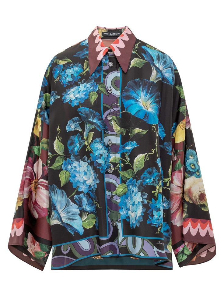 100% Silk Luxury Printed Blouse For Spring, Designer Multicolor Floral Print Shirt, Designer Multicolor Silk Shirt, Silk Shirt With Floral Print And Spread Collar, Silk Top With Floral Print And Spread Collar, Designer Silk Shirt With Floral Print, Luxury Long Sleeve Tops With Floral Print, Luxury Long Sleeve Floral Print Tops, Multicolor Elegant Shirt With Spread Collar