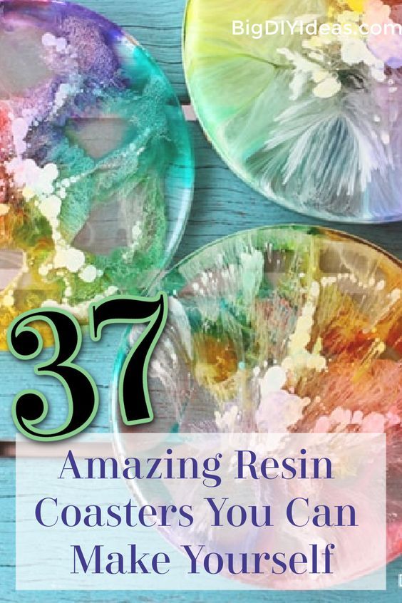 three colorful plates with text that says 37 amazing resin coasters you can make yourself