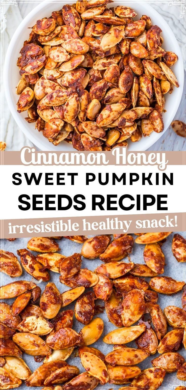 cinnamon honey sweet pumpkin seeds recipe with text overlay