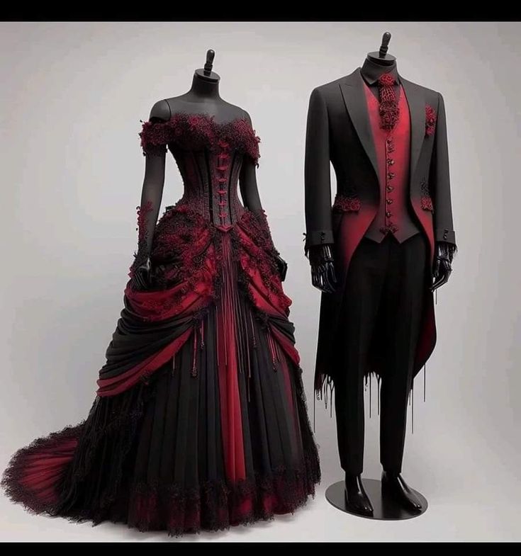 two mannequins dressed up in black and red clothing, one wearing a tuxedo