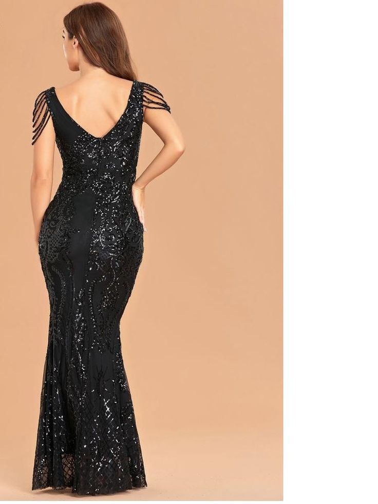 This is the perfect dress for a night out or special occasion. It will turn heads with the sexy black sequin fabric and draping. It will fit you beautifully while giving you plenty of room to dance. A beautiful dress for a special occasion, don't miss this chance to be the best you at your next party! This Party's Sequin Elegant V Neck Evening Dress is a sexy black dress with sparkling sequin details in the neckline, the bodice, and on the sleeves. The front and back of this elegant black dress are made from transparent mesh with a soft and stretchy fabric, which is comfortable to wear. Sexy party dress for women. The Sequin Elegant V Neck Dress is an elegant evening dress that will be perfect to cover your shoulders and show off your curves. The dress is made with high quality materials a Floor-length Sequin Evening Dress, Elegant Contrast Sequin Prom Dress, Elegant Contrast Sequin Dress For Prom, Black Wedding Dress With Contrast Sequin, Elegant Black Sequin Dress For Wedding, Elegant Floor-length Evening Sequin Fabric, Black Sequin Dress For Wedding With Contrast Sequins, Black Sequin Dress With Contrast Detail For Wedding, Black Sequin Dress For Wedding