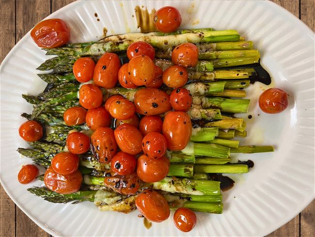 Caprese Asparagus Caprese Asparagus, The Joy Of Cooking, Vinegar And Honey, Joy Of Cooking, Balsamic Glaze, Pantry Items, Roasted Tomatoes, Balsamic Vinegar, Serving Platters