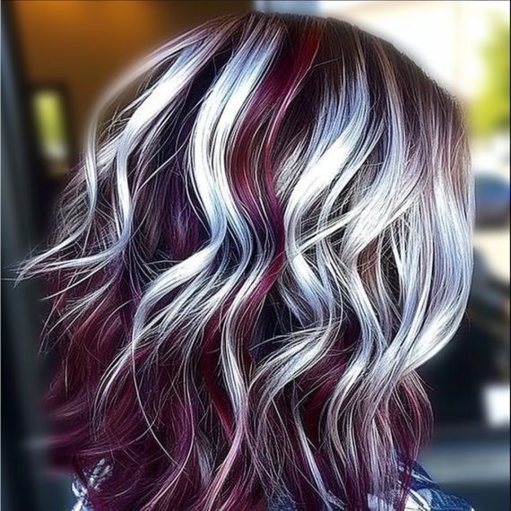 Brunette Hair With Silver Money Piece, Red Hair With Grey Streak, Multi Color Fall Hair, Plum Blonde Hair, Dark Underneath Hair Blonde On Top, Fall Hair Purple, Wine Red Hair With Blonde Highlights, Long Hairstyles Color Ideas, Fun Hair Color Ideas For Summer