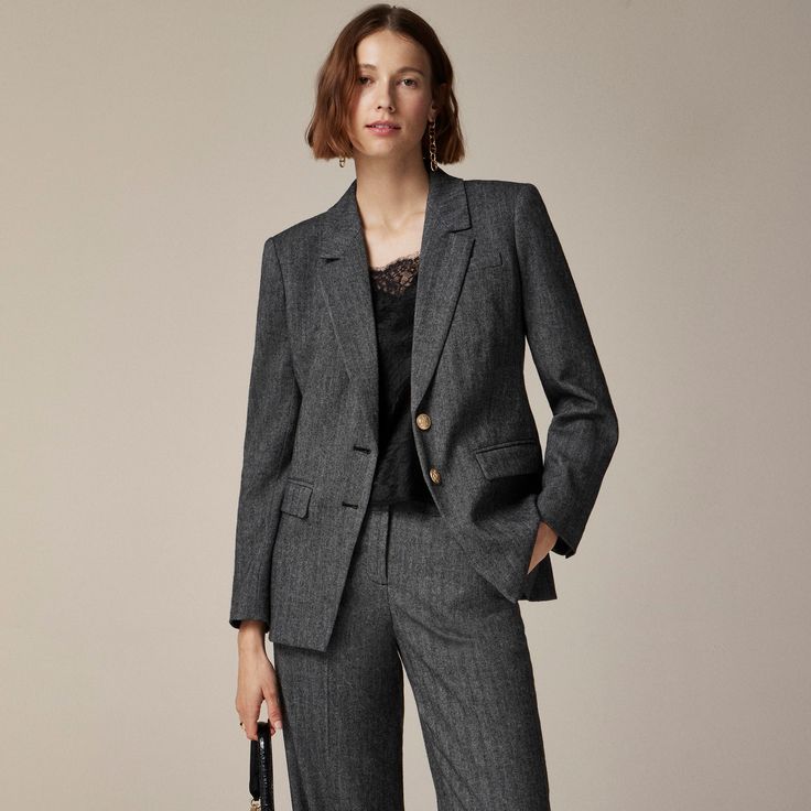 Madelyn blazer in herringbone wool blend Tweed Blazer With Lapel Collar For Office, Office Tweed Blazer With Lapel Collar, Wool Herringbone Pattern Suits For Workwear, Wool Suits With Herringbone Pattern For Work, Classic Tweed Blazer For Office Wear, Tweed Blazer With Welt Pockets For Work, Office Tweed Blazer With Herringbone Pattern, Timeless Tweed Blazer For Fall, Tweed Notch Lapel Blazer For Office