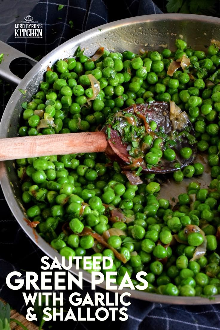 green peas with garlic and shallots are being cooked in a pan on the stove