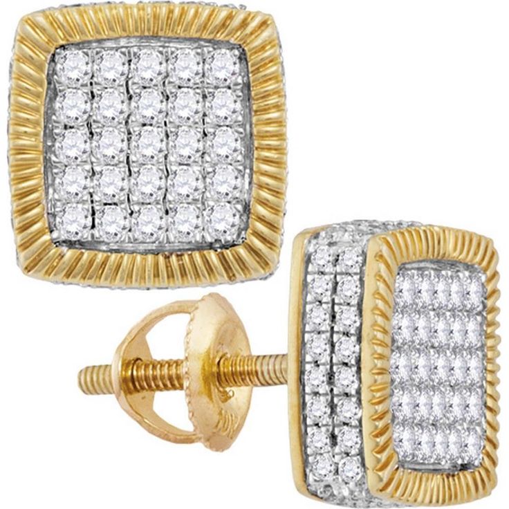 GND 10K Yellow Gold Square Fluted Cluster Earrings with Pave-Set Round Diamonds - 7/8 Total Carat Weight Mens Diamond Earrings, Rope Frame, Square Earrings, Cluster Earrings, Screw Back Earrings, Delicate Necklace, Fine Jewellery Earrings, Round Diamond, Fashion Earrings