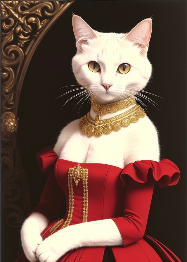 a white cat wearing a red dress and gold collar