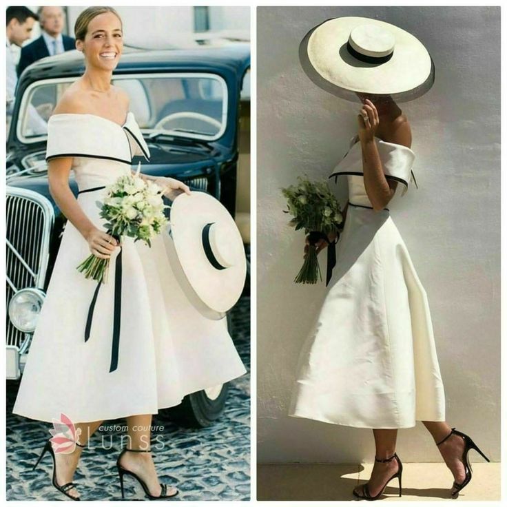 a woman in white dress and hat next to an image of a woman wearing black shoes