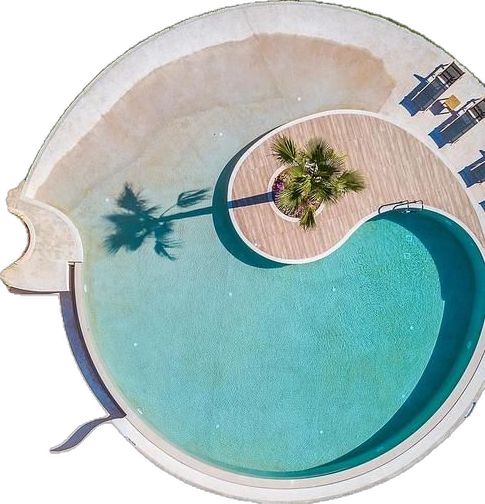 an aerial view of a pool and beach with palm trees in the water, taken from above