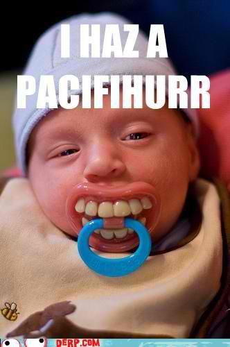 a baby with a pacifier in it's mouth that says, i haz a pacifuhr