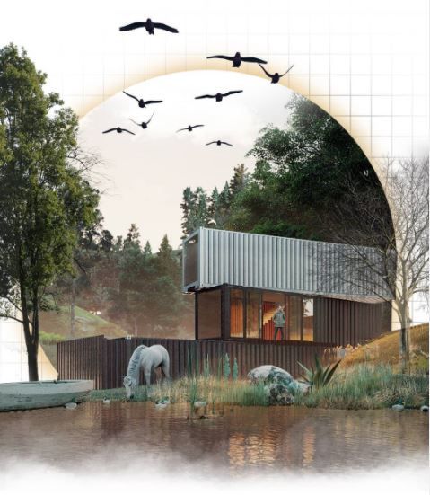 an artist's rendering of a house with horses in the water and birds flying around