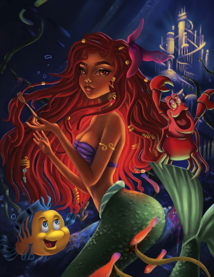 the little mermaid with her red hair is standing next to an octopus and other fish