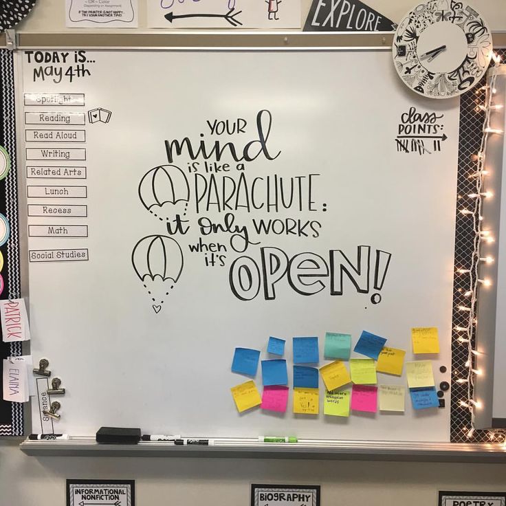 a bulletin board with sticky notes on it and magnets attached to the whiteboard