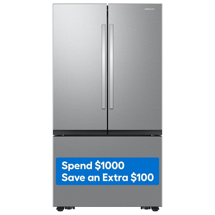 a stainless steel refrigerator with the words spend $ 5000 save an extra $ 100