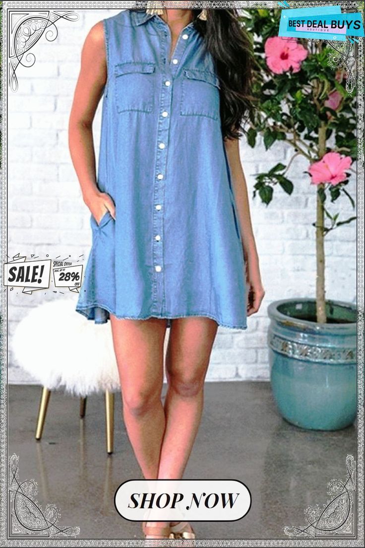 Denim Sleeveless Shirt Mini Dress Sleeveless Medium Wash Denim Dress For Day Out, Sleeveless Denim Dress With Pockets For Day Out, Chic Sleeveless Denim Dress For Casual Wear, Summer Denim Vest For Day Out, Chic Sleeveless Denim Dress For Day Out, Sleeveless Denim Blue Dress For Day Out, Sleeveless Denim Vest With Pockets For Day Out, Sleeveless Denim Vest For Summer Day Out, Sleeveless Denim Dress For Casual Wear