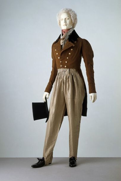 Suit 1820, British                                                                                                                                                     More 1800 Mens Fashion, 1820s Fashion, Tuck Everlasting, Double Breasted Dress, 1800s Fashion, Regency Fashion, Costume Inspo, Sweeney Todd, 19th Century Fashion