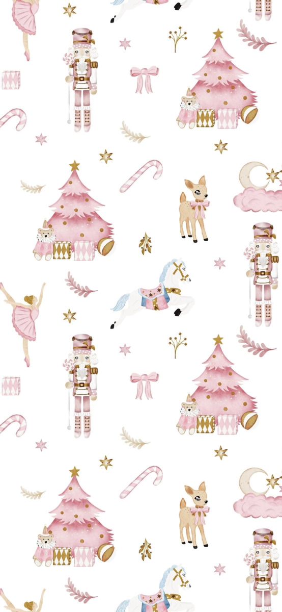 a white background with pink and gold designs on it's sides, including an image of a carousel