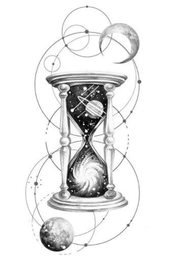 a drawing of an hourglass with planets in the background