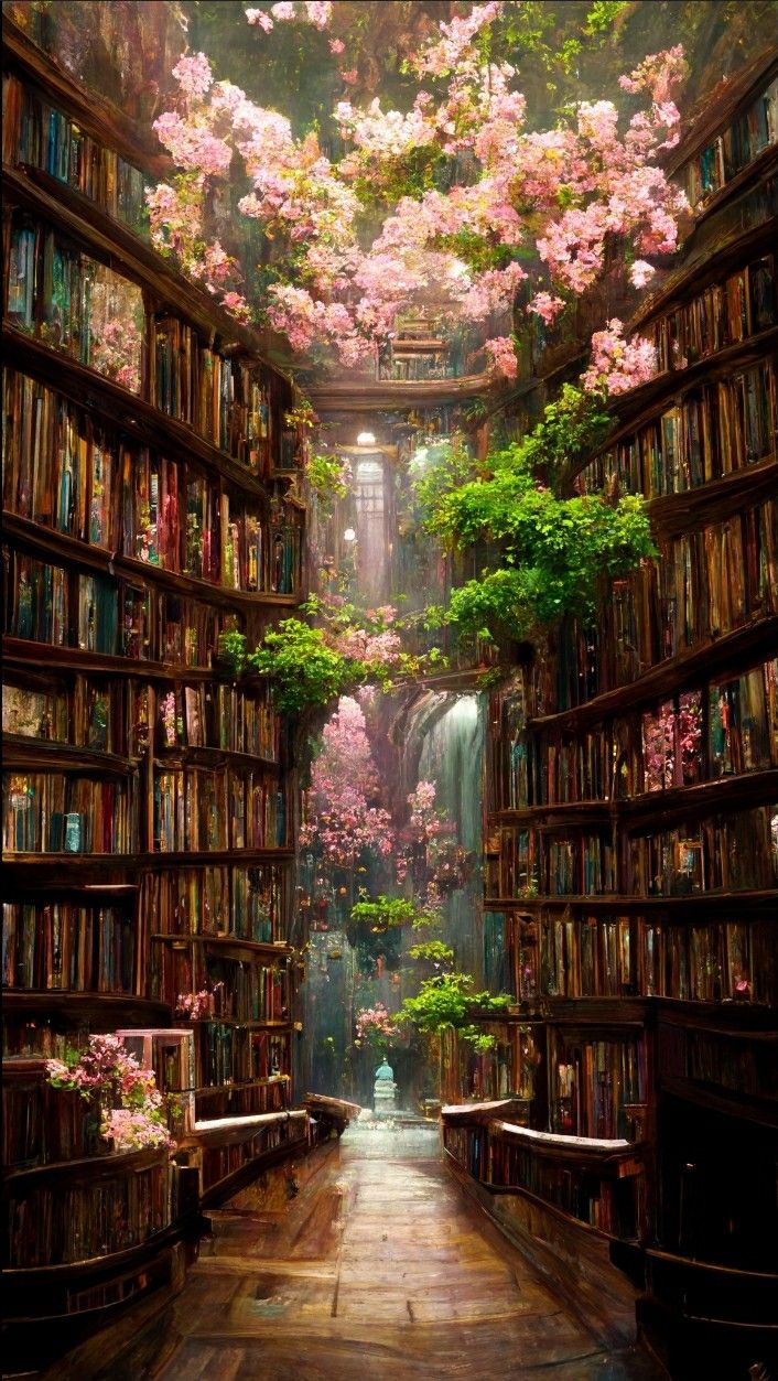 a large library filled with lots of books next to a lush green forest covered in pink flowers