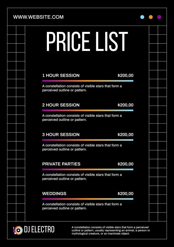 a black and white price list for a wedding ceremony with the words price list on it