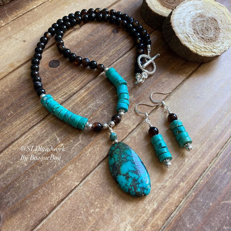 Handmade Spiritual Multi-strand Turquoise Necklace, Hand-strung Turquoise Necklace With Round Beads For Spiritual Use, Necklace Blue Stone, Black Bohemian, Hand-strung Blue Turquoise Necklace, Hubei Turquoise, Artisan Blue Multi-stone Turquoise Necklace, Black Agate Stone, Silver Jewelry Set