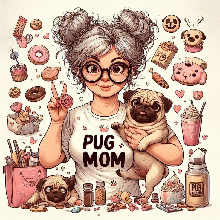 a woman holding a pug in her arms surrounded by food and other things on the table