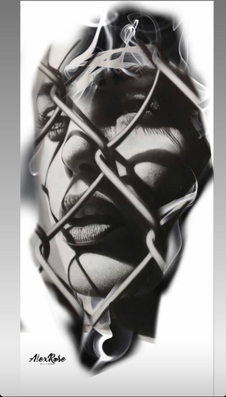 a black and white drawing of a woman's face through a wire fence