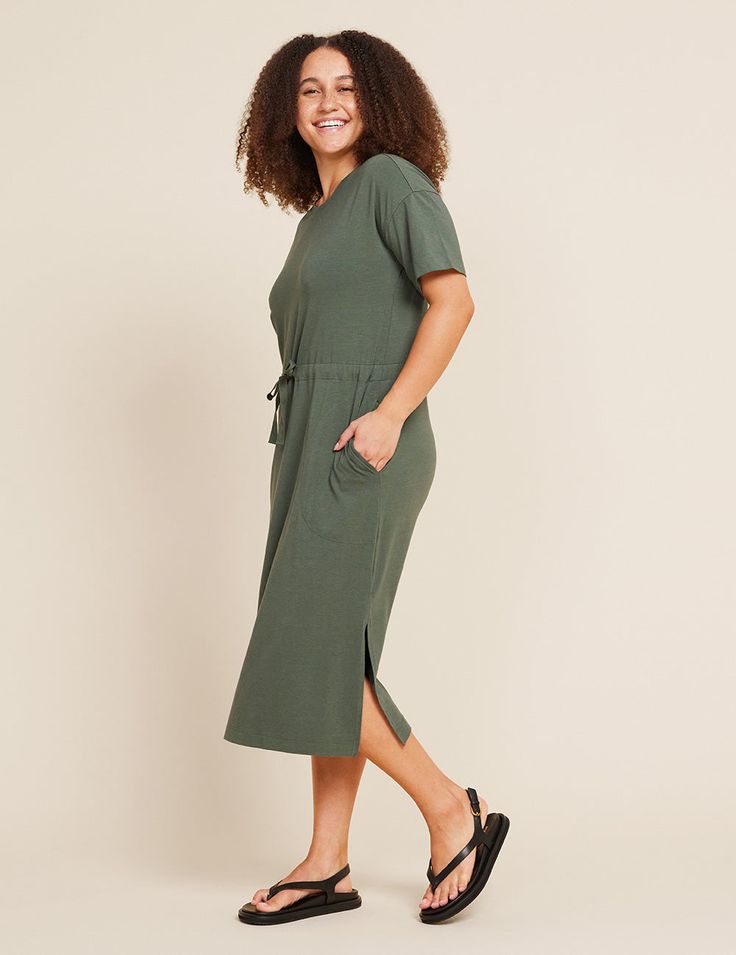 A versatile addition to your capsule wardrobe, this style offers a soft stretch and a comfortable fit with the right amount of stretch. Relaxed, oversized t-shirt dress design with an adjustable drawcord waist and convenient side pockets. Sits comfortably just below the knee for a versatile and essential look. Ready to become your go-to for running errands, weekend occasions, and workdays. Style it casually or dress it up depending on your destination. Oversized T Shirt Dress, Bed Socks, Fast Fashion Brands, Bandeau Bra, Sleep And Loungewear, Racerback Bra, Oversized T Shirt, Tie Dress, Dress Design