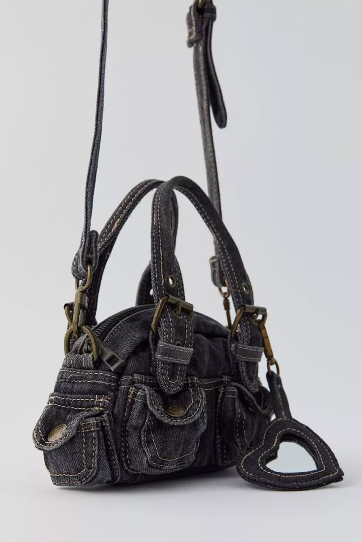 BDG Mini Denim Duffle Crossbody Bag | Urban Outfitters Black Denim Bag, 2000s Bags, Crossbody Bag Outfit, Y2k Bags, Black Mini Bag, Jean Purse, Crossbody Backpack, Denim Bags, Shaped Mirror