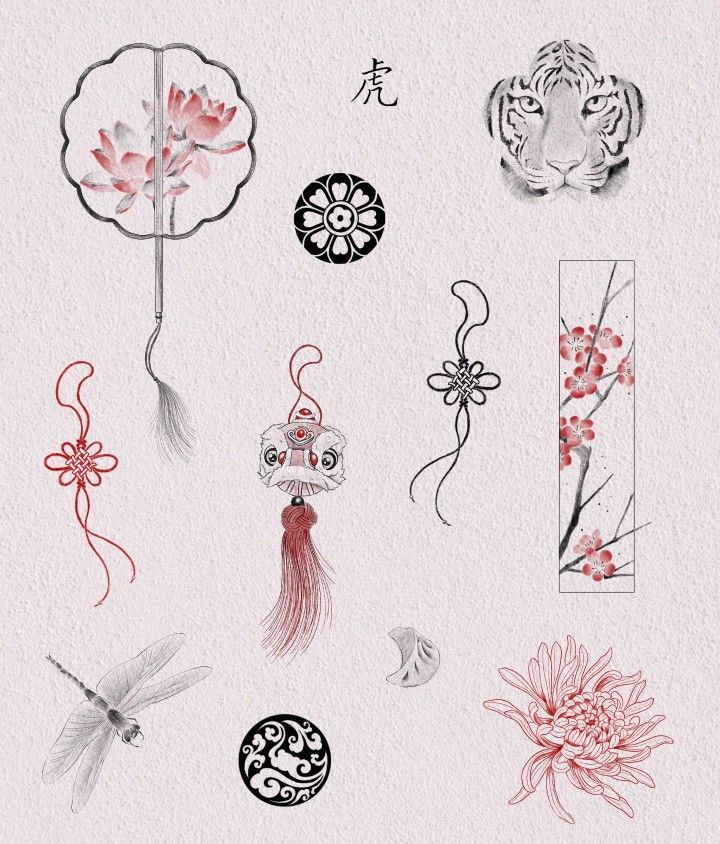 Chinese Inspired Tattoos, Small Japanese Tattoo, Charm Tattoo, Japanese Flower Tattoo, Korean Tattoos, Japan Tattoo Design, Flash Sheet, Red Ink Tattoos, Asian Tattoos